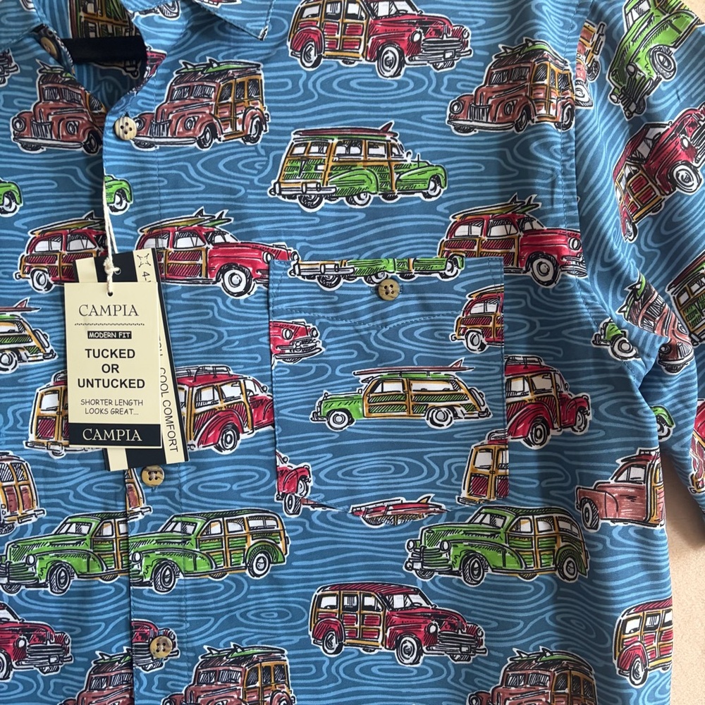 Campia Moda Men’s NEWShort Sleeve Button-Up Shirt Blue Retro Car Print Size L - Picture 9 of 14